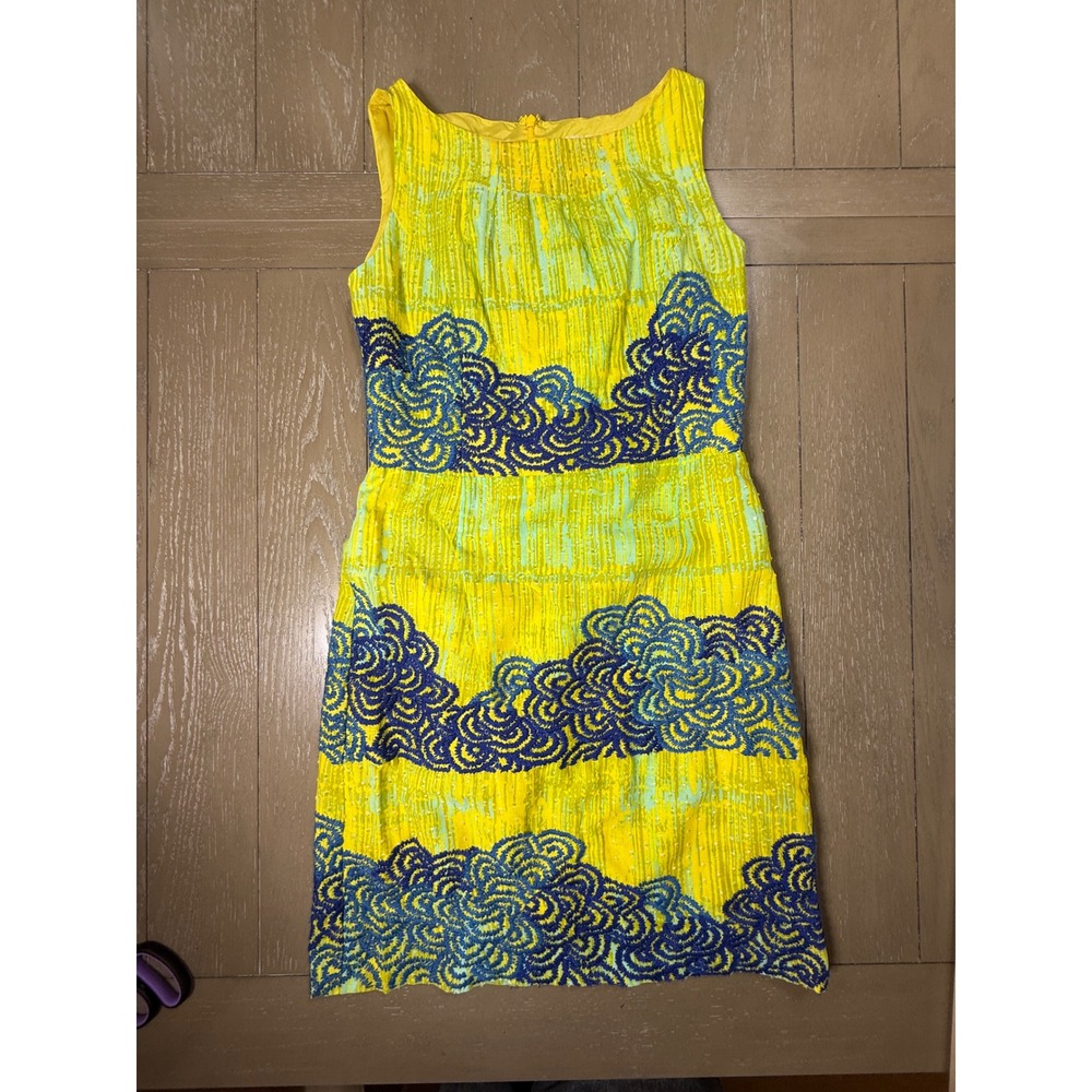 Anthropologie Tabitha Dress Womens 8 Yellow Blue Embroidered‎ Sleeveless Sheath